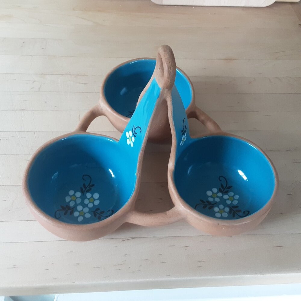 Handpainted Blue Turquoise Terracotta Serving Dip Set. 3 Bowls